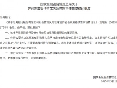 齐君获批担任渤海银行首席风险管理官